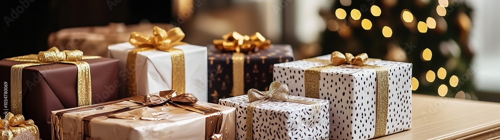 Poster a table full of prizes in elegant wrapping paper in a smart professional shop : Generative AI