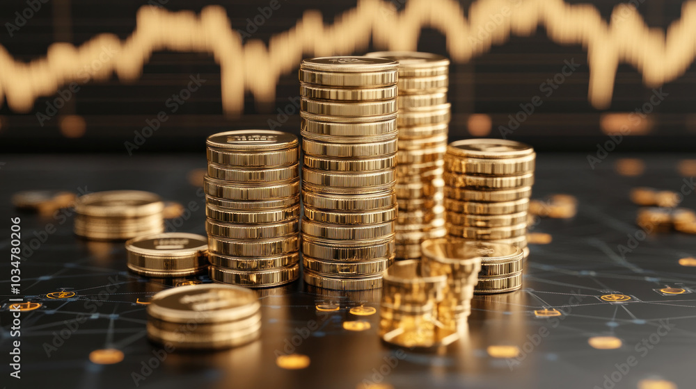 Poster a pile of gold coins and a graph of numbers. the coins are stacked on top of each other and the grap