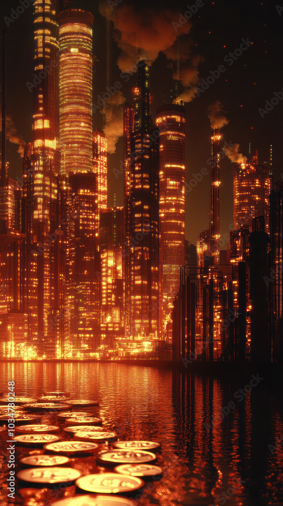 Poster a cityscape with a river running through it and a large building in the background. the city is lit 