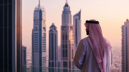 An middle eastern arabian business person looking out over a modern city skyline