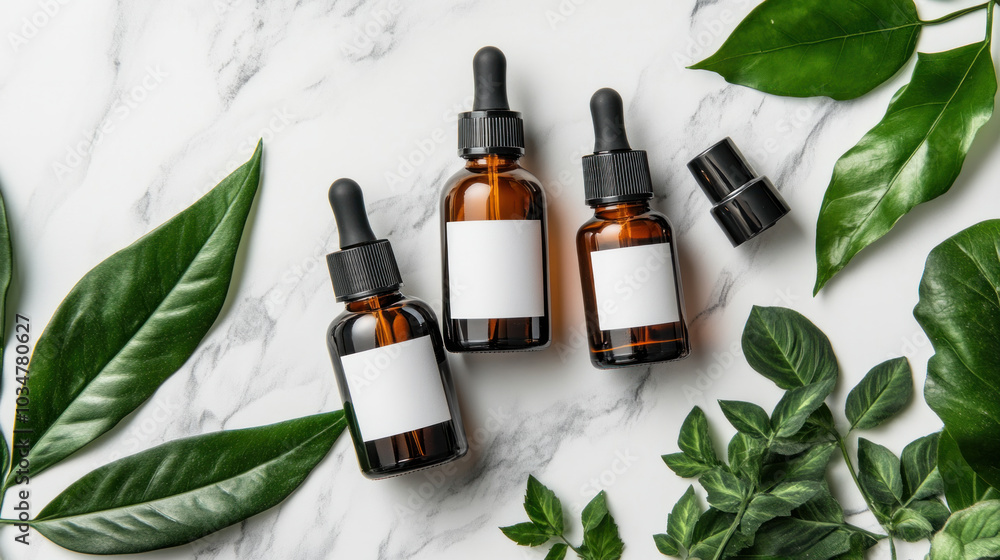 Poster three bottles of essential oils are displayed on a marble countertop with green leaves in the backgr