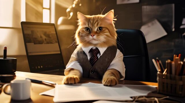 A cat in a business suit works at a desk filled with papers and office supplies in a cozy workspace