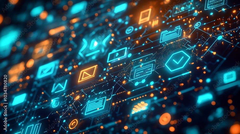 Poster a modern digital landscape. Include life like icons of communication tools : Generative AI