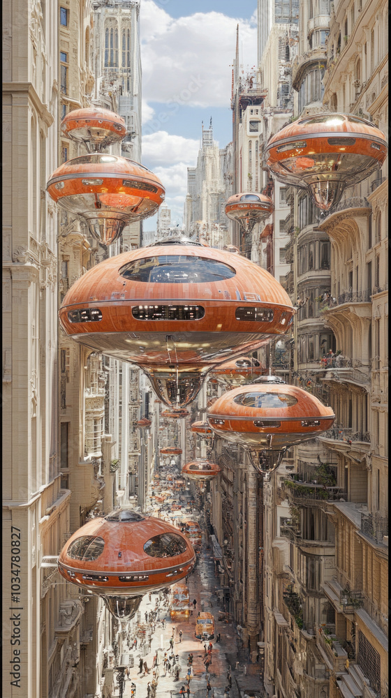 Poster a cityscape with many orange and red spaceships flying through the sky. the scene is surreal and ima