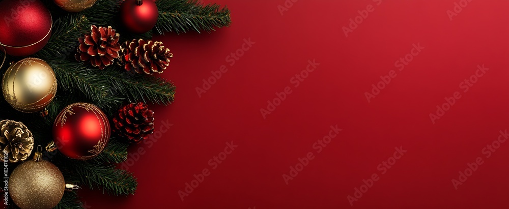 Poster christmas tree with christmas ornaments on red background : generative ai