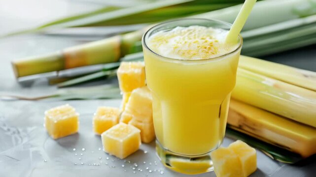 Refreshing sugarcane juice preparation with fresh sugarcane and cubes in a vibrant kitchen setting