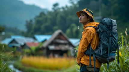 Asian backpacker enjoying with his travelling