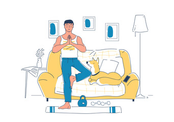 Workout at home. Man training in apartment. Active lifestyle and sports, fitness and yoga. Young guy near dumbbells and kettlebell. Linear vector illustration isolated on white background