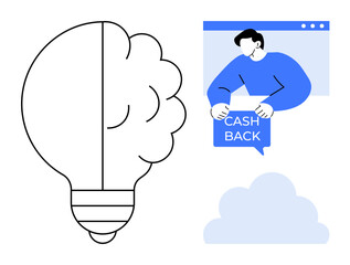 Light bulb with brain symbolizing creativity and innovation. Person holding a cashback sign. Ideal for business, finance, creative thinking, online shopping, and financial incentives. Minimalist