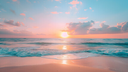 Obraz premium Beautiful sunset beach scene. Colorful sky and clouds view with calm sea and relaxing tropical mood for summer vacation holiday and travel concept