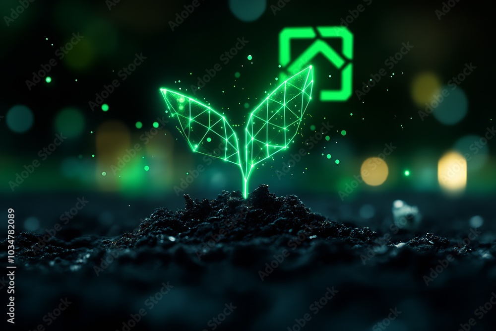 Poster photograph of a digital plant sprouting from black soil, with a green glowing data network and a fut