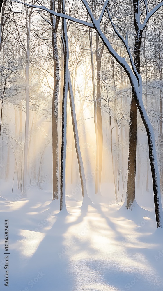 Poster a serene winter forest covered in fresh snow, with sunlight filtering through the bare trees. : gene