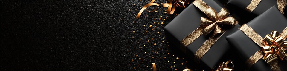 black gift boxes with golden ribbons over black watercolor paper background : Generative AI