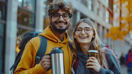 Obraz premium Cheerful young indian man and caucasian woman in casual and glasses with thermos enjoy travel