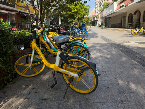 Sharing bikes of different companies in a row on a pedestrian street in Shanghai, China on October 18, 2024.