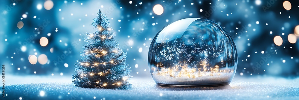Poster festive empty glass transparent ball with christmas tree inside on it. : generative ai