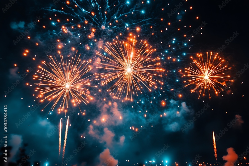 Aufkleber fireworks display on a dark blue sky background. : generative ai