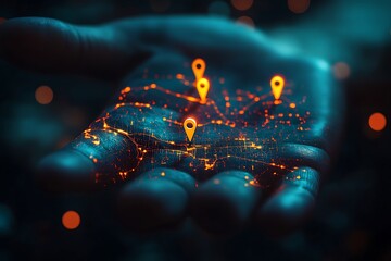 Hand Holding Glowing Digital Map with Orange Location Markers in Futuristic Data Visualization