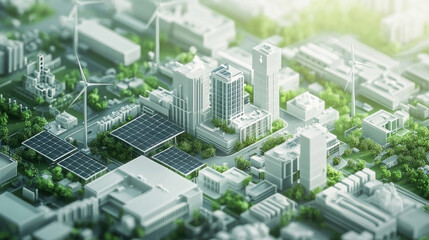 Wind turbines on the edge of the city, illustration style