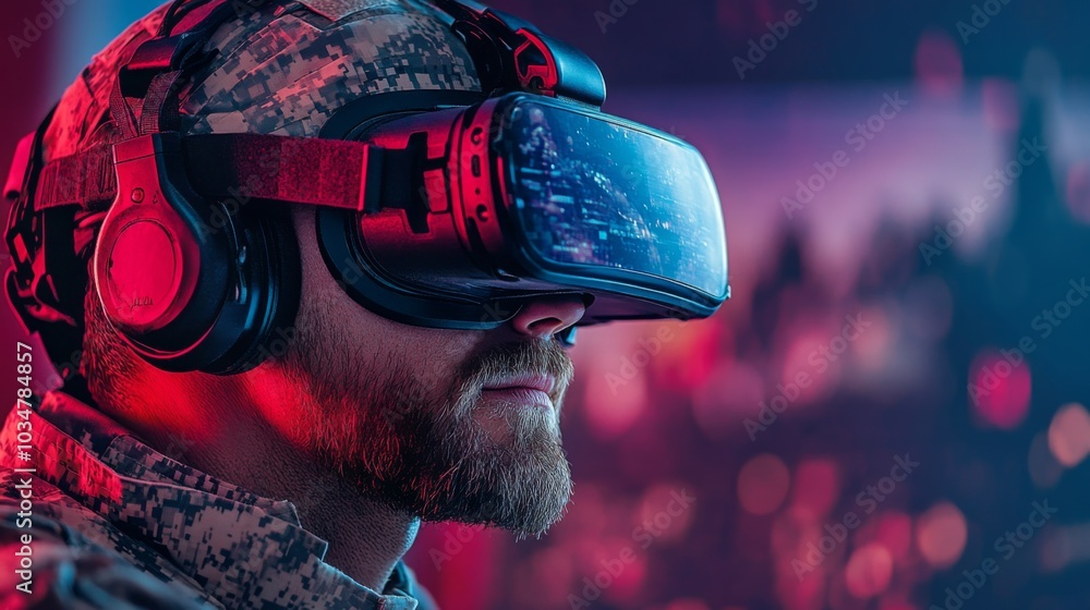Aufkleber A soldier wearing a virtual reality headset and headphones focuses intently on a training program, immersed in a digital world surrounded by a futuristic backdrop.
