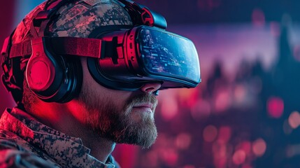 Naklejka premium A soldier wearing a virtual reality headset and headphones focuses intently on a training program, immersed in a digital world surrounded by a futuristic backdrop.