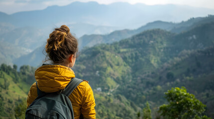 Naklejka premium Female hiker looking at view, Supi Bageshwar, Uttarakhand, Indian Himalayan Foothills