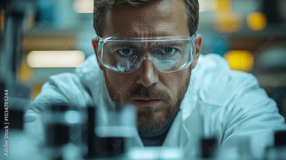 Poster a scientist in safety goggles intensely examines samples and data in a well-equipped laboratory duri