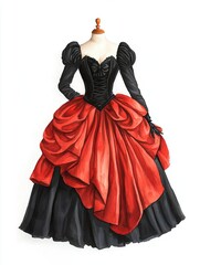 An elegant black and red gown with dramatic draping, perfect for formal events, showcasing timeless style and sophistication.