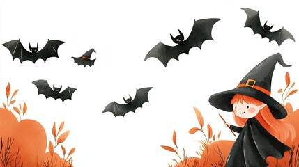Whimsical illustration of a young witch with bats flying in a playful autumn scene, perfect for Halloween-themed designs.