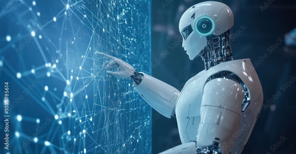 Poster humanoid robot interacting with digital network