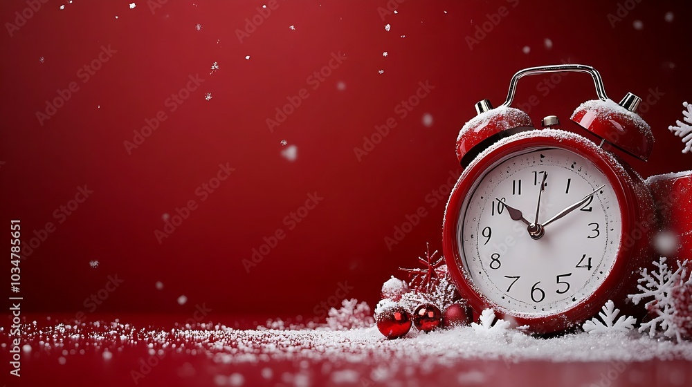 Poster Christmas alarm clock with snowflakes and copy space on red background. : Generative AI