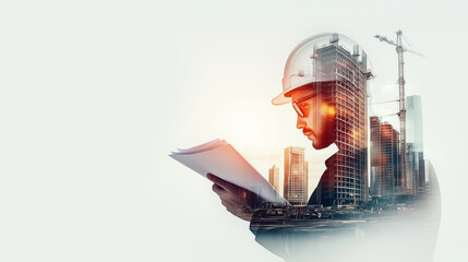 illustration digital building construction engineering with double exposure graphic design. Building engineers, architect people or construction workers working with modern civil equipment technology