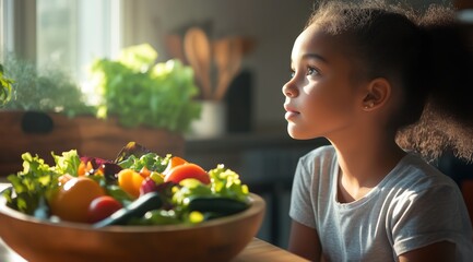 Une jeune fille assise dans la cuisine, la lumière du soleil traversant la fenêtre et illuminant son visage et le plat de salade frais sur la table.