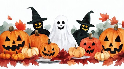 Fototapeta premium A whimsical Halloween scene featuring pumpkins, a ghost, and witches among colorful autumn leaves.