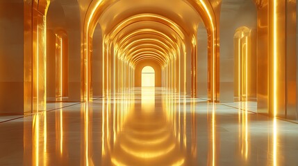 A long, bright hallway with gold arches and glowing lights.