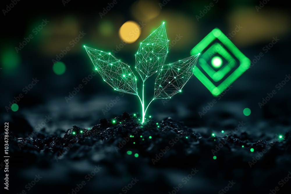 Poster a green glowing data network and a futuristic symbol in the background.  : Generative AI