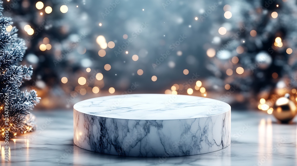 Aufkleber a stone empty marble podium on the background of a merry christmas : generative ai
