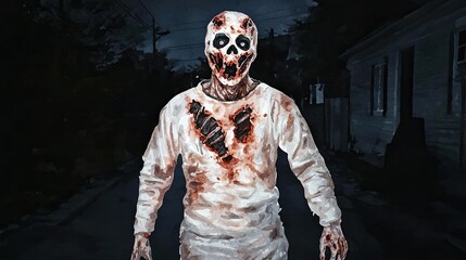 A creepy horror figure in a tattered outfit, haunting an eerie street at night, perfect for Halloween themes and scary stories.