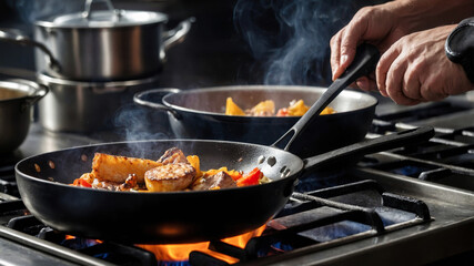 Chef cooking delicious food in frying pan on stove in restaurant kitchen