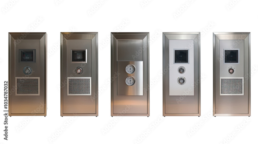 Poster modern refrigerators with various designs on clear background generative ai