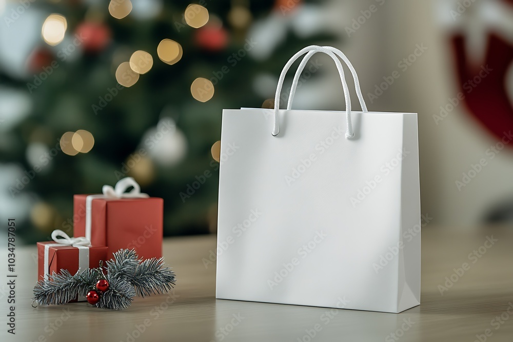 Poster mockup empty, front view of white shopping bag, christmas background : generative ai