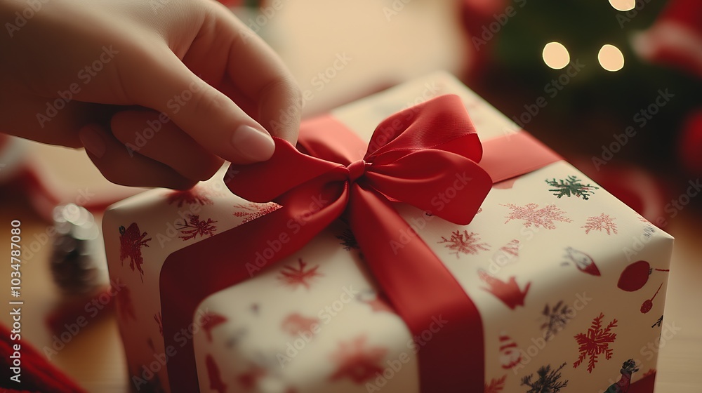 Poster hands wrapping a gift with red ribbon and festive wrapping paper. : generative ai