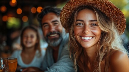 Fototapeta premium A joyful family shares laughter at a restaurant, surrounded by warm lighting and greenery, creating a delightful atmosphere on a sunny day.