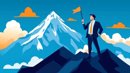 Business Success Concept with Mountain and Flag