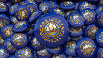 3D rendering of a bunch of badges with the New Hampshire state flag.