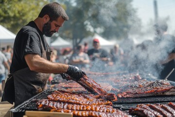 Fototapeta premium A barbecue competition with chefs grilling over large, smoky grills, carefully tending to ribs, brisket, and pulled pork, as smoke rises and crowds watch