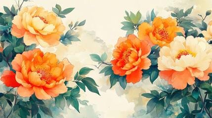 Red peonies are in full bloom, with white background Chinese paintings.