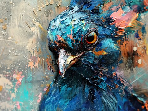Close-Up Portrait of a Blue Pigeon in Abstract Style