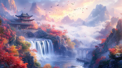 Fototapeta premium Lakes and arch bridges in the mountains, pavilions in the distance, Chinese paintings