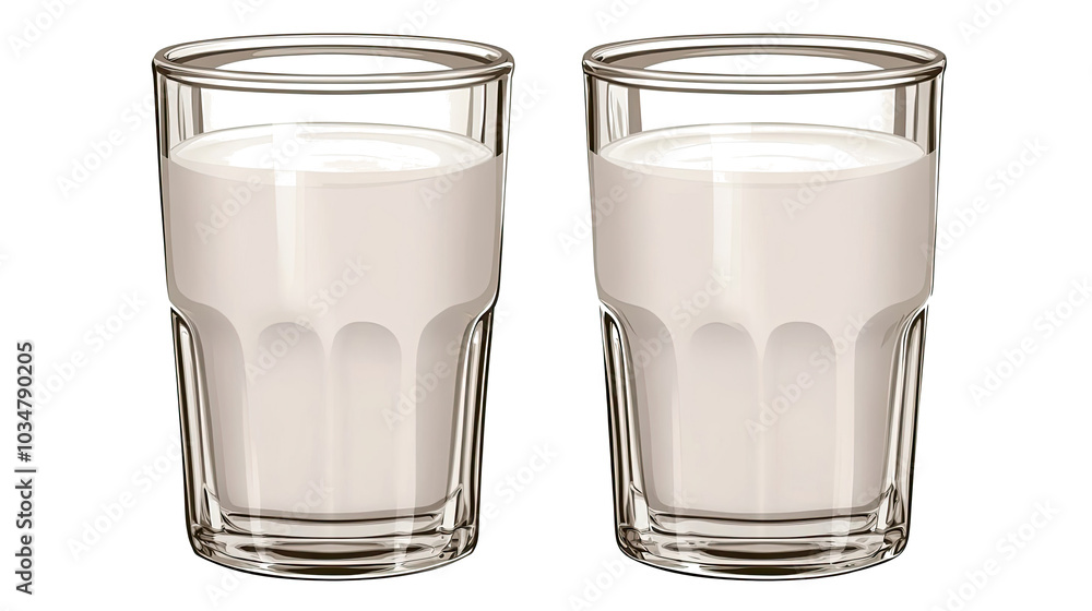 Poster glasses of milk arranged in a collection on a transparent background generative ai